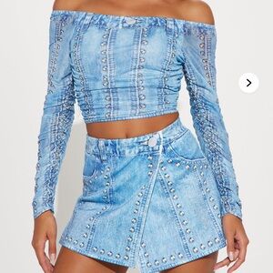 Studded Light Blue Denim Mini Shorts - Women